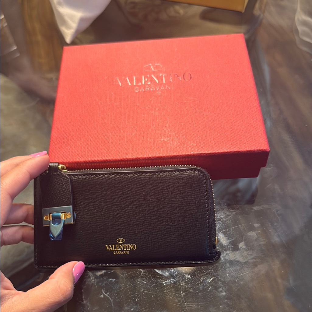 Valentino Garavani Black Leather Zip Card Holder